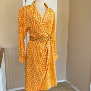 Vintage Silk Helga Dress. Orange Yellow White Dots Size 14 (Fits like U.S. 10)